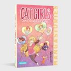 "Cat Girls: Don't Worry, Be Katzi!" in rosa Schrift. Illustration mit einem Mädchen und Katzen, umgeben von farbigen Herzen.