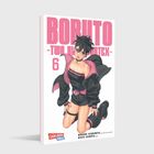 Text: BORUTO -TWO BLUE VORTEX- 6. Illustration eines Charakters mit schwarzer Kleidung und pinken Akzenten.
