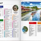 Kapiteltitel wie "Inhalt", "Reiseplanung", "Reiseziele" dominieren. Rechts ein Kanalbild mit buntem Boot. Unten "Praktisches".
