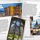 Texte: "Über viele Stufen", Briefe von Sylvi und Sylvia. Bilder: Bibliothek, Hügel mit Kapelle, Radfahrer vor großem Kreuz.