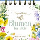 "Blumen für dich" steht in der Mitte. Umschlossen von bunten Blumenillustrationen und einem Schmetterling.