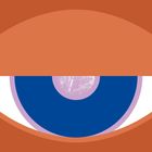 Illustration eines Auges, modern gestaltet. Eine obere orangefarbene und eine untere ähnliche Form umrahmen einen blauen Kreis.