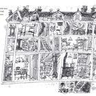 "Hier sieht man Saxby Hall von innen." Detaillierte Schwarz-Weiß-Illustration eines Hauses mit mehreren Räumen und Etagen.