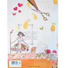 Textausschnitt mit unleserlichen handgeschriebenen Wörtern in einem Rahmen. Illustration mit Birnen, Schmetterlingen und Blumen.
