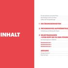 Links roter Hintergrund mit weißem Text "INHALT". Rechts detailliertes Inhaltsverzeichnis mit Kapiteln und Seitenzahlen.