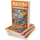 Text: "MURDOKU BAND 2", "80 Logikrätsel rund um mysteriöse Mordfälle". Illustration: Bunte Mosaike mit Titeln wie "PIRATENBUCHT".