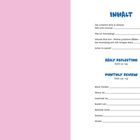 Inhalt mit blauer Schrift: Selbstliebe, Journaling, tägliche Reflexion, monatliche Überprüfung. Hintergrund rosa.