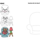 Links: "BÜCHER-EULE" über skizzenhaften Sesseln. Rechts: "Kuschel dich mit dieser Eule und einem guten Buch ein."
