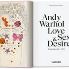Text: "Andy Warhol Love & Sex & Desire Drawings 1950–1962". Illustration eines Gesichts mit Schmetterlingen und Blumen.