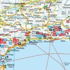 Eine Karte Südspaniens mit Städtenamen wie Sevilla, Málaga und Almería sowie nummerierten Markierungen in verschiedenen Farben.