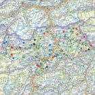 Eine detaillierte Karte der Region um Innsbruck und Bozen mit Straßen, Gebirgszügen und markierten Sehenswürdigkeiten.