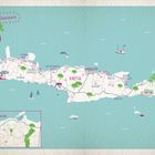 „Glückskarte“ steht oben links. Kreta ist abgebildet mit Städten, Zahlen, Bäumen, Schiffen und Tieren in einem grafischen Stil.