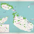 „Glückskarte“ zeigt eine illustrierte Karte von Malta, Gozo und Comino mit Orten und Zahlen, ergänzt durch Symbole wie Bäume und Schiffe.