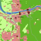 Karte von Heidelberg. Orte wie Altstadt, Neuenheim, Weststadt. Der Neckar fließt durch die Stadt. Nummerierte Punkte.