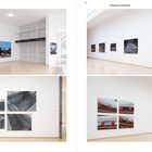 Links: "QUA PATET ORBIS", Rechts oben: "Erdgeschoss Pinakothek". Gemälde von Fahrzeugen und Sofas hängen an weißen Wänden.