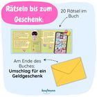 "Rätseln bis zum Geschenk," "20 Rätsel im Buch," "Am Ende des Buches: Umschlag für ein Geldgeschenk." Briefumschlag, Illustration eines Buches.
