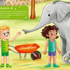 „Tieren helfen: Das Elefantenbaby ist krank!“ 

Illustration zeigt zwei Kinder, ein großes und ein kleines Elefant, Schubkarre mit Stroh.