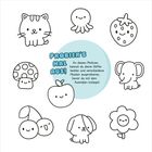 "Probier's mal aus! An diesen Motiven kannst du deine Stifte testen." Kawaii-Tiere, Pflanzen und Früchte umrahmen den Text.