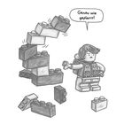 Sprechblase: "Genau wie geplant!" LEGO-Figur neben fallenden Bauklötzen. Humorvolle Illustration in Schwarz-Weiß.