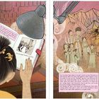 Links: Ein Mädchen liest ein Buch mit einem Bild, darauf steht "Ich mit einem Freund in Kabul". Rechts: Eine Illustration mit Berglandschaft, Menschen und Hunden.