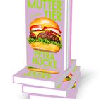 Texte: "MUTTER TIER", "Roman", "PETRA HUCKE", "EISELE". Ein Buchstapel mit einem Burger auf dem Cover.