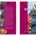 Linke Seite "Willkommen in Amsterdam!" mit Beschreibung der Stadt. Rechts oben "Amsterdam", darunter ein Hausdach.