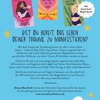 Bist du bereit, das Leben deiner Träume zu manifestieren? Oben drei farbige Karten mit Affirmationen. Unten Verlagslogo.