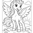 Ein geflügeltes Einhorn lächelt, umgeben von Blumen und einer Sonne, die hinter Hügeln aufgeht.