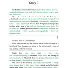 Story 1: The Real Boss of Cwm Derwen (der wahre Boss von Cwm Derwen). Text auf einer Buchseite mit Erklärungen.