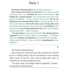 "Story 1: The Perfect Running Partner. Ryan Cooper sucht nach einem Laufpartner, läuft zehn Kilometer täglich."