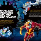 Texte: "MY FELLOW CREATURES AND I ARE HERE TO HELP." Illustrationen von bunten, dynamischen Comic-Charakteren in Aktion.