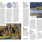 "Križna-Höhle: 8 km südöstl. von Postojna. Führungen Apr-Sept: So, 15, Juli, Aug: tgl. 11, 13, 15, 17. Tel: +386 41 632 153." 

Links: Ein Höhlenforscher im Neoprenanzug und Helm steht auf einem gelben Schlauchboot in einer dunklen Höhle. Rechts: Zwei Kajakfahrer auf einem Fluss vor einer bewaldeten Uferlandschaft.
