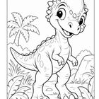 Eine niedliche Dinosaurier-Illustration mit großen Augen, umgeben von Pflanzen und einem Palmenbaum im Hintergrund.