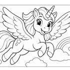 Ein Einhorn mit Flügeln fliegt fröhlich durch die Wolken, begleitet von einem Regenbogen. Es ist eine Illustration.