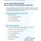 MINI-CHECK 1, KURZ ANHALTEN. DU HAST ZEHN TAGE HINTER DIR. Instruktionen und Fragen mit Antwortoptionen, mit Zielscheibenillustration.