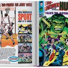 Links oben: "ANOTHER TWO-POINTER FOR JERRY WEST!", rechts oben: "SUB-MARINER HULK," zeigt Hulk und Basketball-Szene.