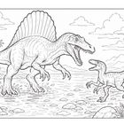 Keine Texte sichtbar. Zwei Dinosaurier im Kampf, umgeben von Palmen und Bergen, in einer Landschaft mit Wolken.