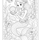 Illustration: Ein Mädchen setzt einer Meerjungfrau einen Blumenkranz auf. Muscheln und ein Seestern liegen am Strand.