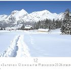 Winterlandschaft. Kalenderseite für Dezember. Schneebedeckte Berge, Tannen und Hütten unter klarem blauen Himmel.