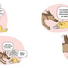 Illustration: Ein Hund spricht mit einer flauschigen Katze über Essen und Nähe, Szenen mit humorvollen Texten.