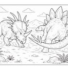 Illustration von Dinosauriern in einem Fluss, umgeben von Pflanzen und Bergen, mit Wolken am Himmel.
