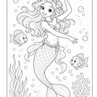 Zwei Meerjungfrauen sitzen in einer Muschel und halten ein Buch mit Muschelmuster. Umgeben von Unterwasserpflanzen.