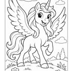 Illustration eines lächelnden Einhornpegasus mit Flügeln auf einer Wiese, von Blumen und Wolken umgeben.