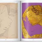 Links: Linienzeichnung eines Gesichts, rechts: goldenes Porträtprofil auf lila Hintergrund, beide signiert mit "andy Warhol".