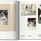 Textausschnitt links: "Tati’s 1944 wedding to Micheline Winter. His obvious discontent was not caused by his bride but by her mother..."
Rechte Seite: Fünf Schwarzweißfotos zeigen historische Momente: eine Hochzeit, eine Frau mit Kind, zwei Kinder mit Vater.