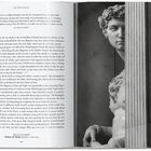 Text: "Michelangelo", Zitat von Ascanio Condivi über Schönheit. Links Text über allegorische Werke, rechts Statue hinter Säulen.