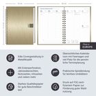 Edel gestalteter Kalender mit Metalllook-Cover, Spiralbindung, übersichtlichen Seiten und Platz für Notizen.