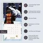 Kalender Januar mit einer Illustration: Person mit Schal, schneebedeckte Kulisse, Eule unten links. Enthält Text zu Funktionen.