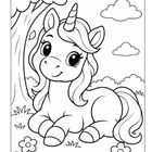 Eine Illustration zeigt ein lächelndes Einhorn unter einem Baum, umgeben von Blumen und Wolken am Himmel.