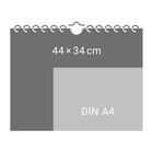„44 × 34 cm“, „DIN A4“ auf dunklem Hintergrund, mit Spiralbindung oben. Vergleich von Formaten.